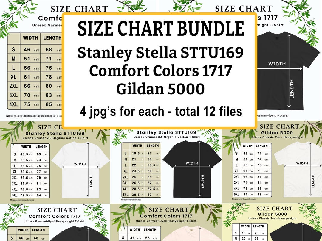 Size Chart Bundle T-shirts, Stanley Stella STTU169, Comfort Colors