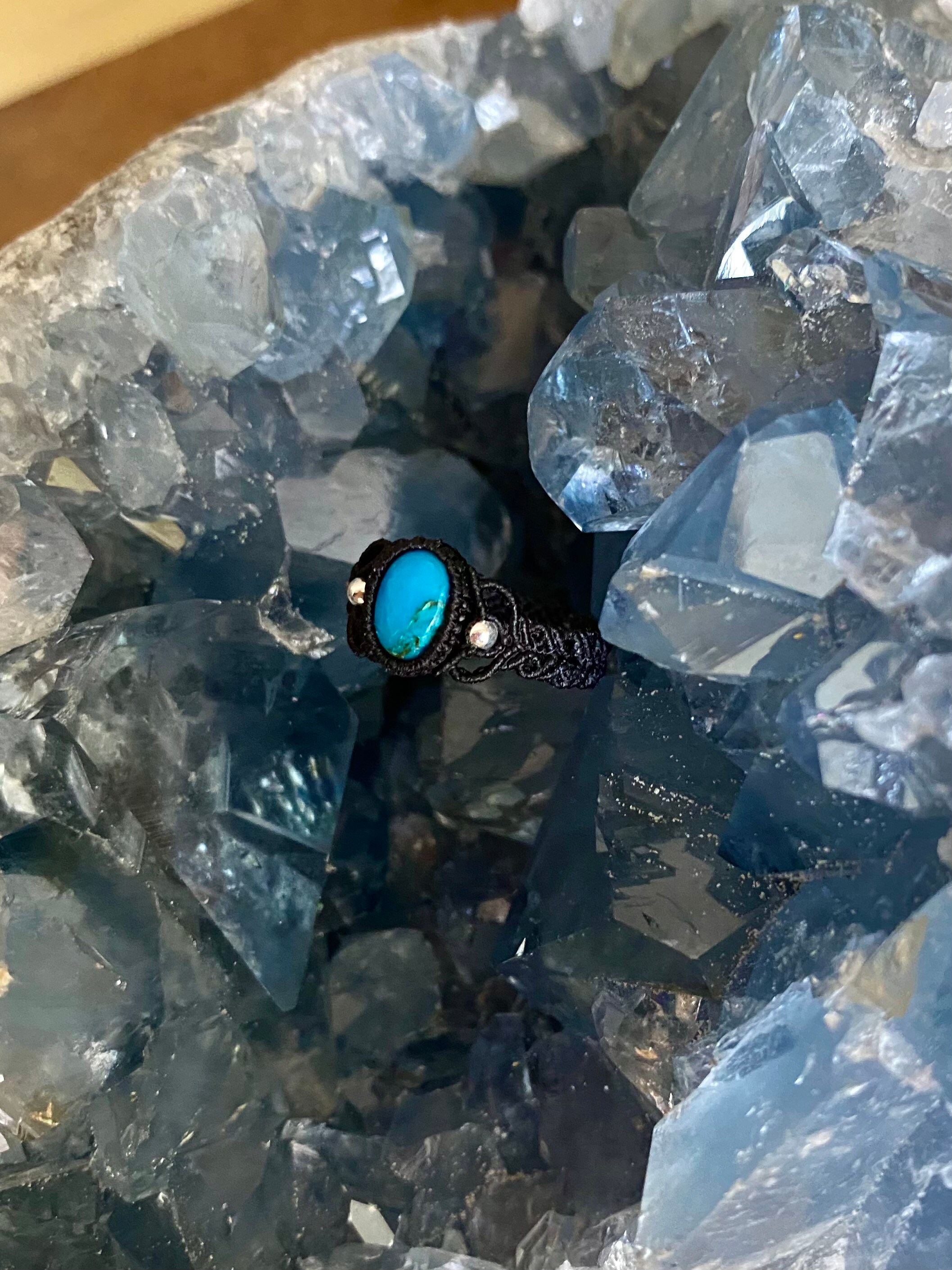 Black Macrame Ring with Turquoise Gemstones Handmade Macrame Jewelry –  ElvysCreations