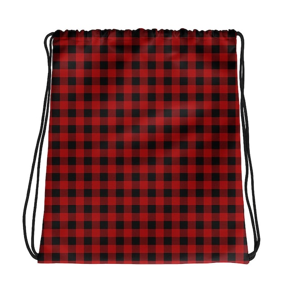 Grey /& Red Plaid Drawstring Backpack