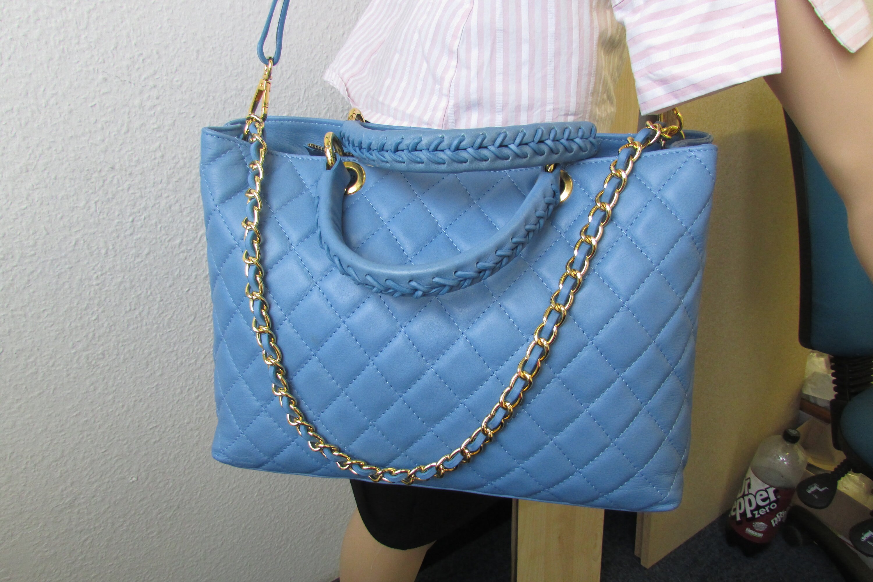 Blue Quilted Tote Bag Large Leather Shoulder bag Women bag Etsy