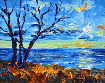 Abstract Lake landscape acrylic painting original Impasto painting Hand painted Small wall art 5x7