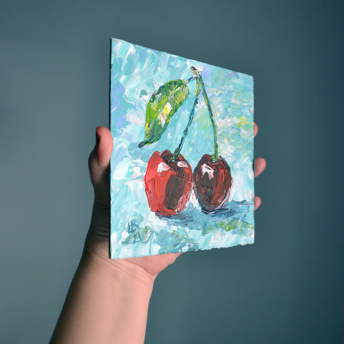 Cherry painting original small kitchen art impasto artwork Etsy