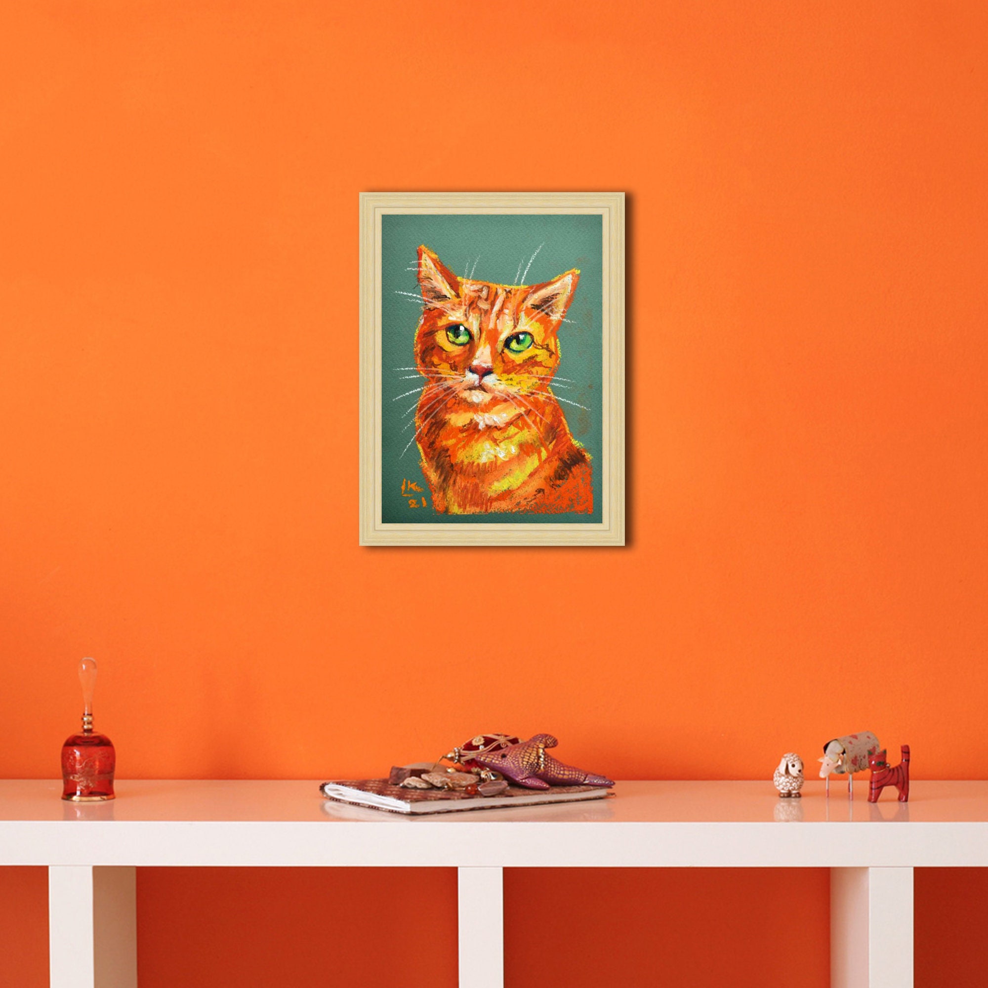 Ginger cute cat portrait oil pastel original artwork | Etsy