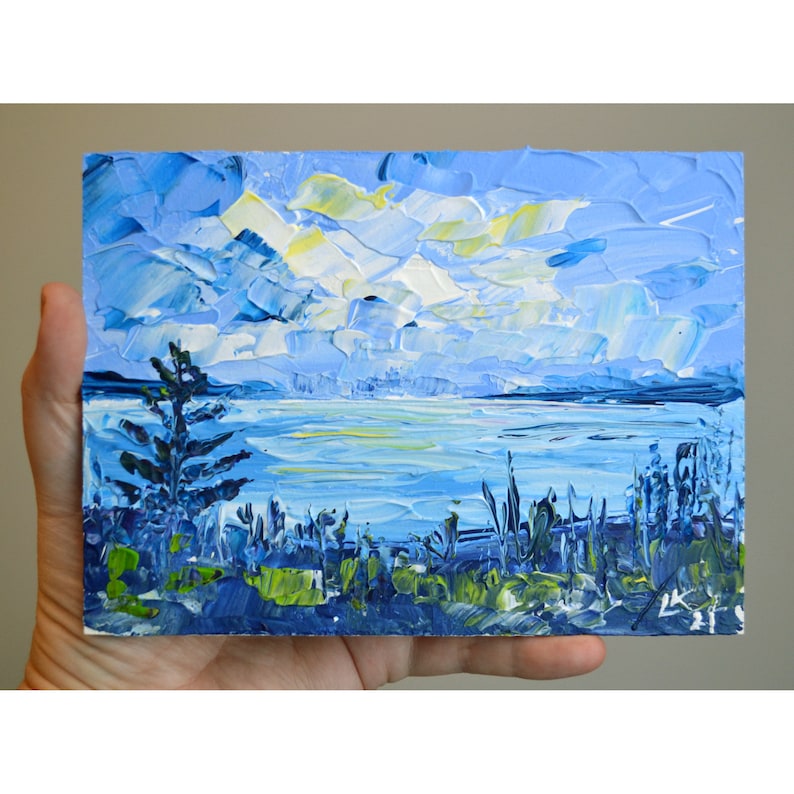 Abstract Lake landscape acrylic painting original Impasto painting Hand painted Small wall art 5x7