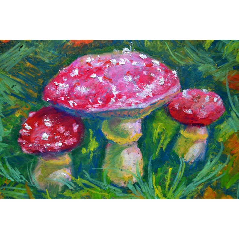 Original oil pastel painting Wild mushroom autumn forest Amanita