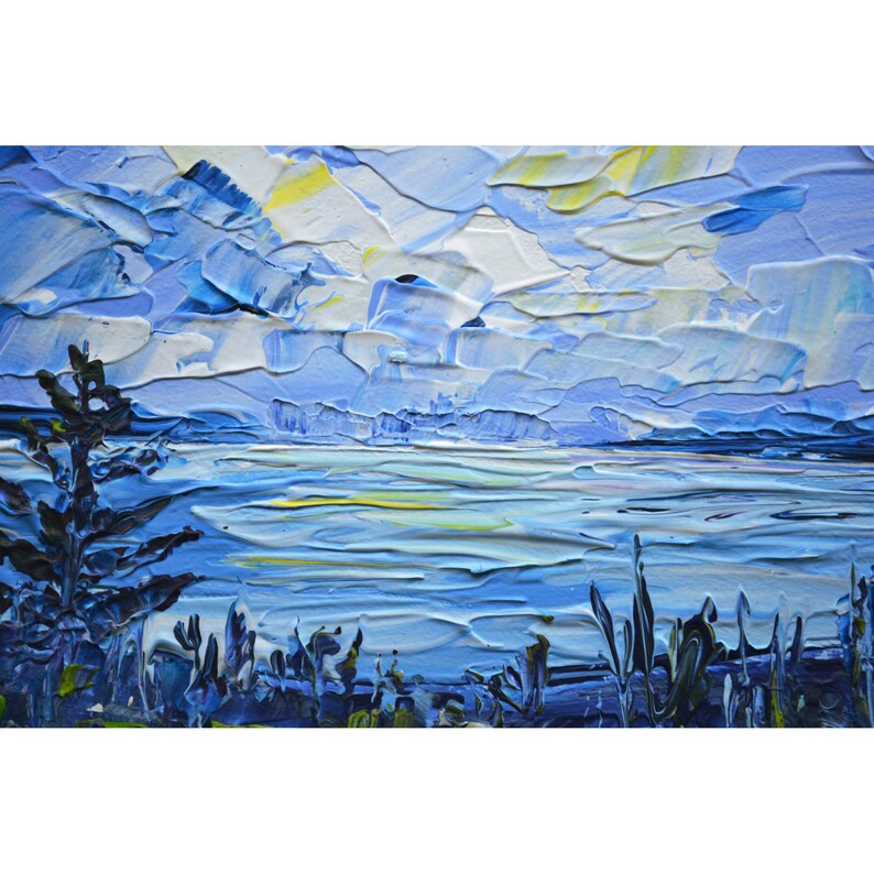 Abstract Lake landscape acrylic painting original Impasto painting Hand painted Small wall art 5x7