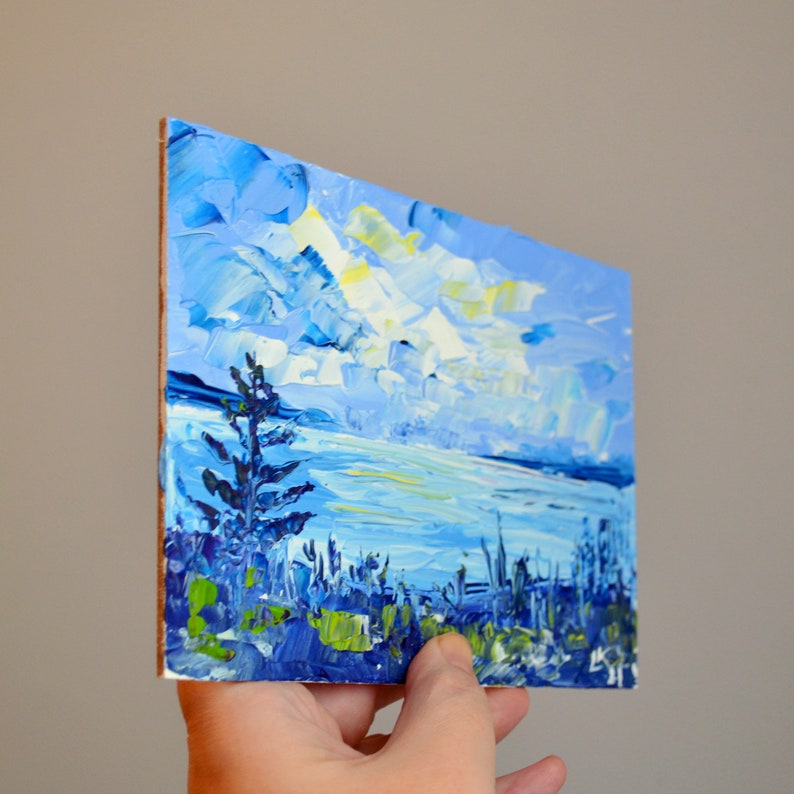 Abstract Lake landscape acrylic painting original Impasto painting Hand painted Small wall art 5x7