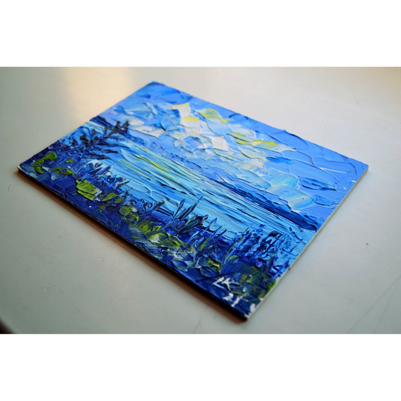 Abstract Lake landscape acrylic painting original Impasto painting Hand painted Small wall art 5x7