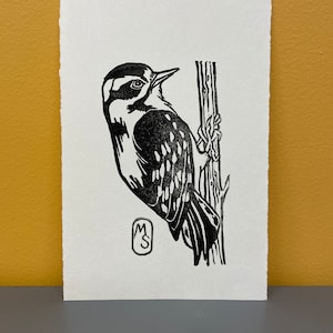 Downy woodpecker print on paper, downy woodpecker print, woodpecker print, woodpecker, woodpecker linocut print, woodpecker decor, bird art