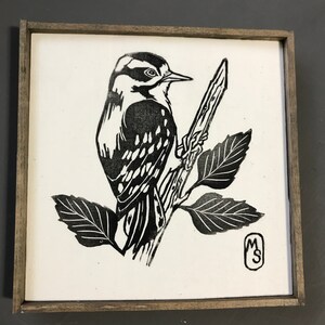 Downy Woodpecker Print, Woodpecker art, Woodpecker, Woodpecker bird, bird art, Woodpecker decor, Woodpecker print, Lino bird art, bird art