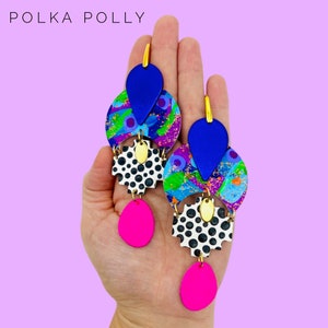 GODDESS ASTERIA metallic leather dangle Earrings. Colourful big statement, Australian Made Brisbane pink hand painted polka Polly