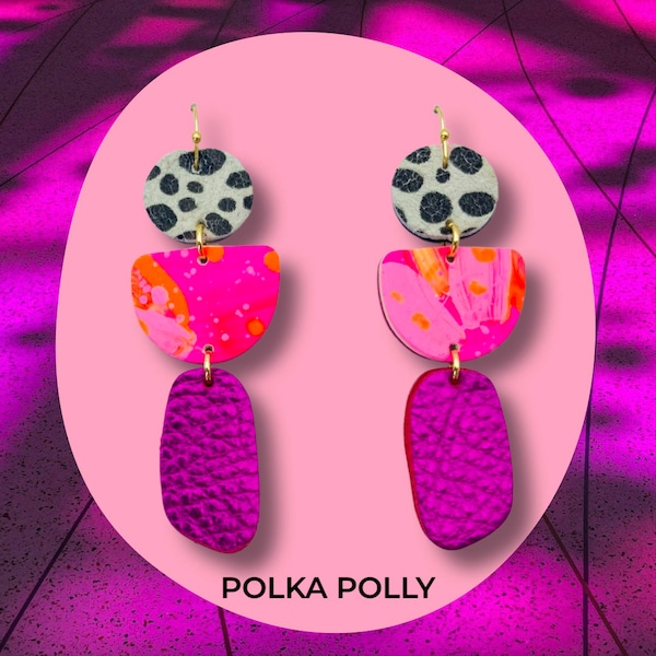 FLOURISH TEMPA PINK  metallic leather dangle Earrings. Colourful big statement, Australian Made Brisbane pink hand painted polka Polly spots