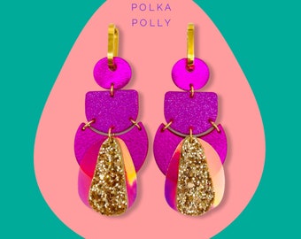 PINK JEWEL metallic leather dangle Earrings. Colourful big statement, Australian Made Brisbane pattern earring polka Polly Gold