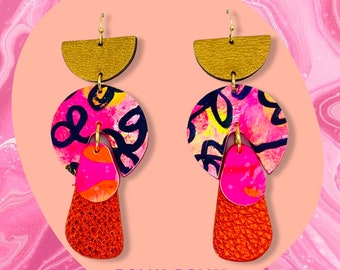 AURA GOLD Handmade genuine leather earrings. Metallic bright and lightweight statement earring. Polka polly brisbane pink gold orange