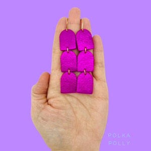 Vibrant SCOTCH PINK  metallic leather earrings by Polka Polly. Handmade genuine, stainless steel Brisbane fuschia hot pink magenta