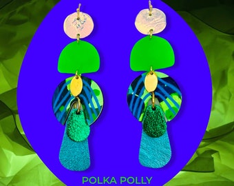 BOTANICA Handmade genuine leather earrings. Metallic bright and lightweight statement earring. Polka polly brisbane Pearl green blue