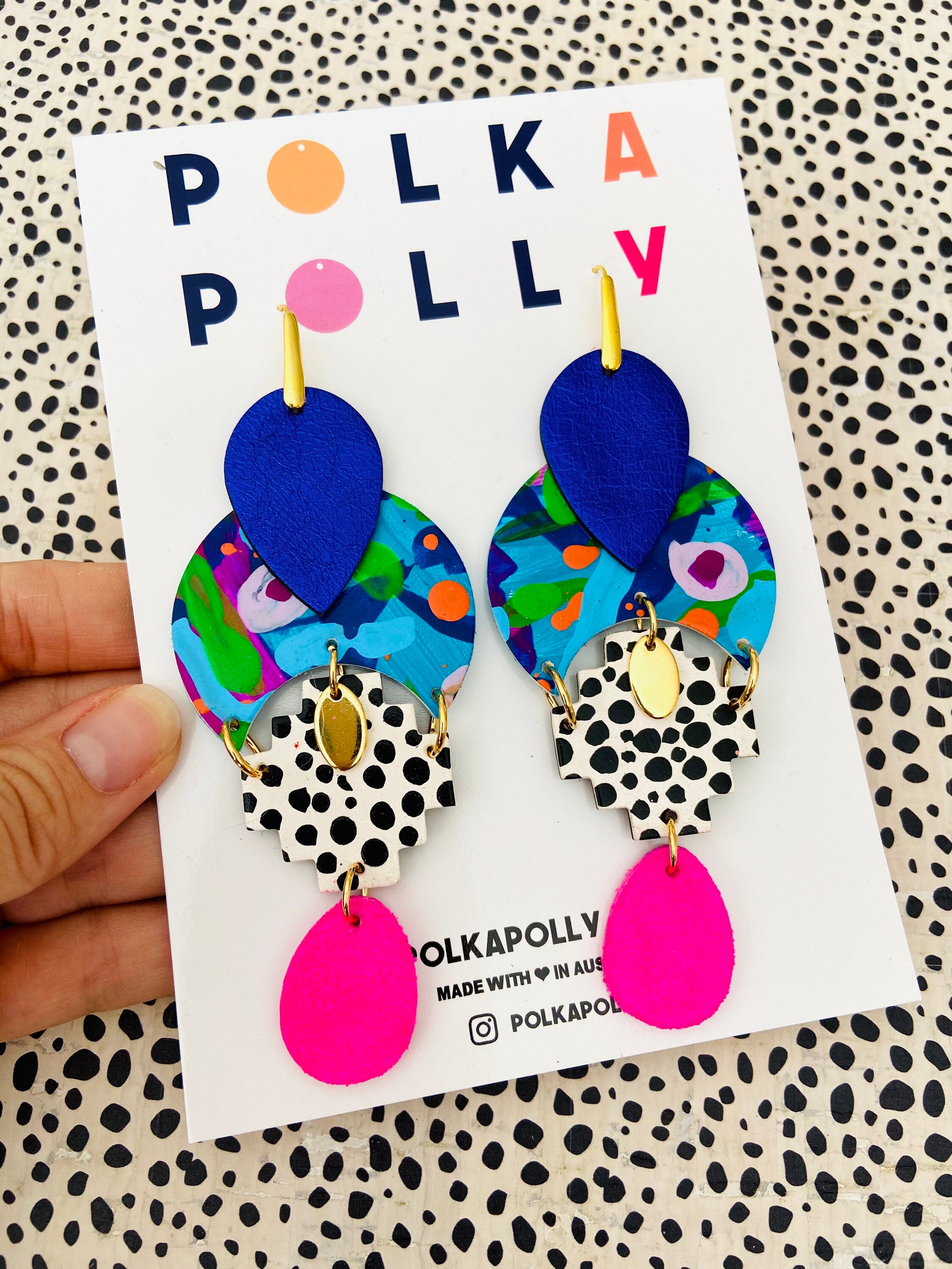 GODDESS ASTERIA metallic leather dangle Earrings. Colourful big state…