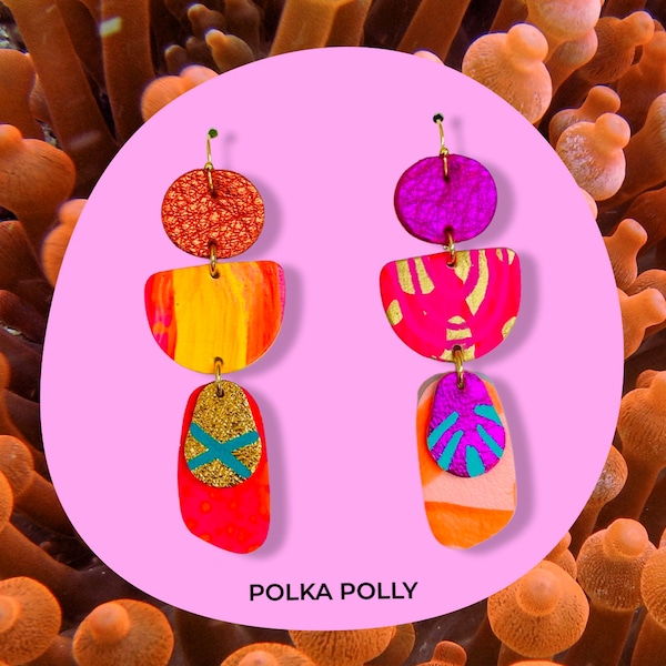Boucles d'oreilles pendantes en cuir métallisé FLOURISH LAVA ISLE. Grande tendance colorée, polka polly rose jaune orange or Brisbane fabriquée en Australie