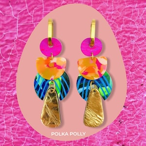 WONDERLUST Handmade genuine leather earrings. Metallic bright and lightweight statement earring. Polka polly brisbane pink gold hoop blue