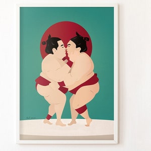Der Sumo-Liebhaber | mid century Kunst | Sumo Kunstdruck | Geschenk für Fröhlich | queer Liebe Druck | Japanisches Plakat |  MCM Poster | schwules Paar Kunst | LGBT