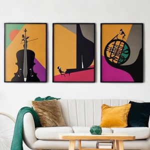 Zestaw 3 plakatów z muzyką retro, wydruk artystyczny z wiolonczelą, dekoracja do pokoju muzycznego inspirowana stylem vintage, plakat retro z waltornią chopin, prezenty dla pianistów