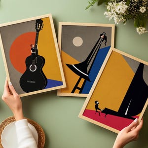 Conjunto de pôster de guitarra com 3 impressões, Bossa Nova, Arte de parede para festival de jazz, Presente para melhor amigo, Arte de parede grande, Pôster de jazz, Pôsteres estéticos