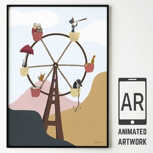 Riesenrad Liebhaber, Mid Century Kunst Druck, AugmentedRealität, Boho Wand Kunst, Kleine Geschichten Druck, Kinder Dekor, Geschenk für sie, Artivive
