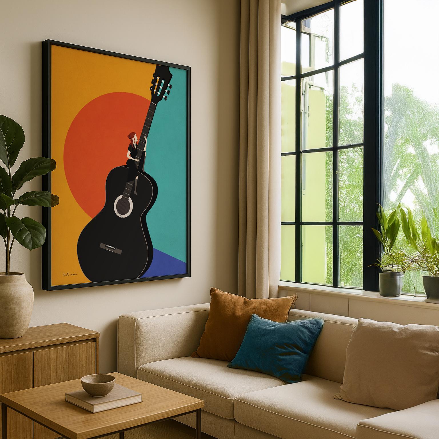 Mid-century Modern Guitar Art Print - Musical Wall Decor With