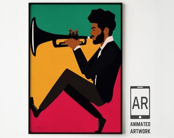Animated Jazz Trumpet Poster: Mid-Century Modern Music Wall Art
