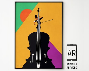 Lámina artística de violonchelo de estilo moderno de mediados de siglo - Elegante arte mural musical animado con realidad aumentada.