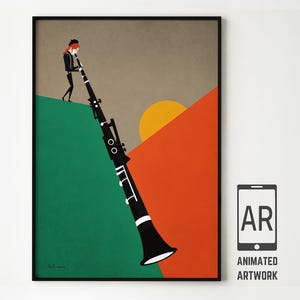 Mid-Century Modern Clarinet Art Print - Elegant Animated Music Wall Art with Augmented Reality