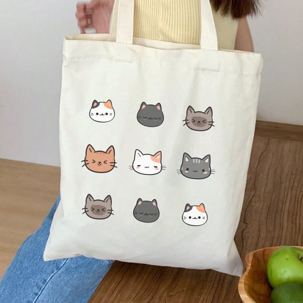 Cat Tote Bag, Kawaii Cat Tote Bag, Cat Shopping Bag, Gift for Cat Lovers