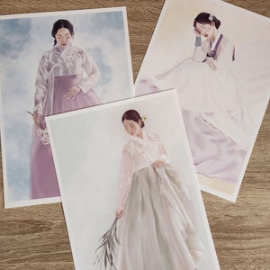 Pack 3 Illustrations of a Korean woman, traditional Hanbok dress.