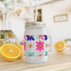 Floral Mason Jar Tumbler, Flower Vase, Drinking Glass, Mason Jar Cup, Rustic Home Decor, Vintage Kitchenware