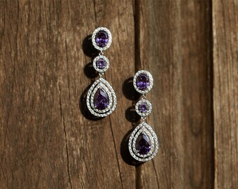 Argent 925 Améthyste Cz Ovale Boucles D/'oreilles Clou