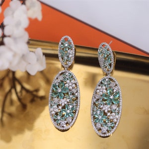 Boucles d/'oreilles Art D\u00e9co Clous Gros Puces Eventail Ovale Cristal CZ Blanc Vert Emeraude Vintage Style Mariage Plaqu\u00e9 Or Blanc