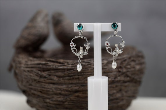 Boucles Doreilles Art Déco Clip On Non Percée Argenté Chandelier Petit Oiseau Cercle Great Gatsby Vert Perle Blanc Vintage Style Mariage