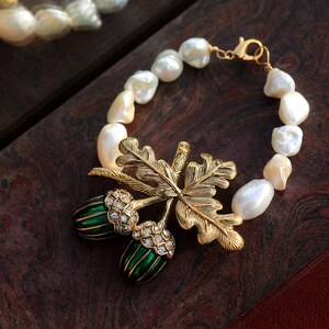 Art Nouveau Bracelet Two Oak Acorns Email Green Leaf Real White Cultured Pearl Baroque Antique Gold Plated Wedding Vintage Style