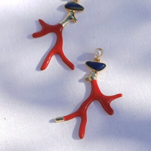 Art Deco Earrings Studs / CLIP on NON Pierced Coral Branch Red Enamel Cultured Pearl Lapis Lazuli Vintage Style 14K Gold Plated