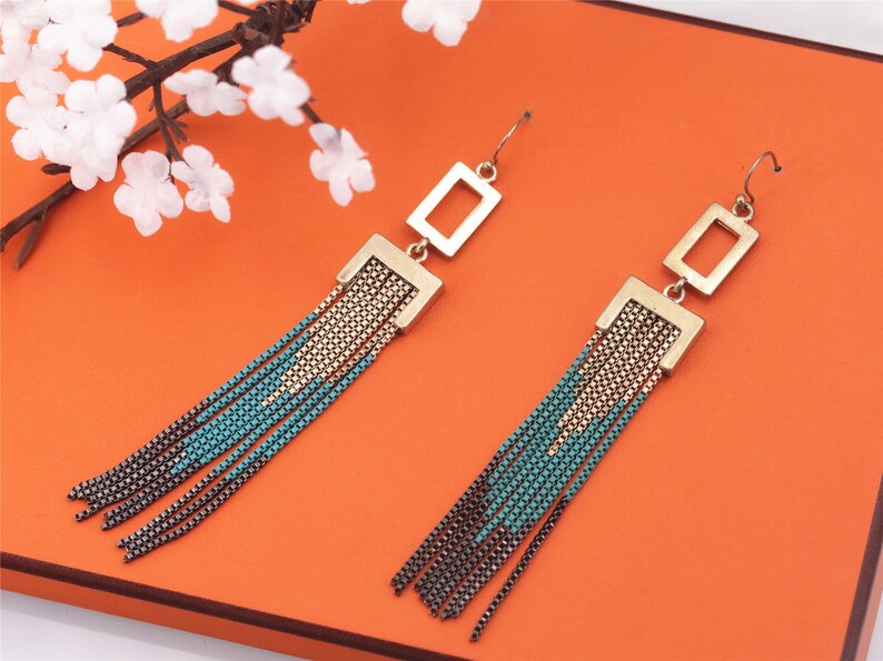 Boucles d/'oreilles Art D\u00e9co Crochet Longue Lin\u00e9aire G\u00e9om\u00e9trique Rectangle Tassel Pompon Metal Vert Noir 1920s Vintage Style 1920s Mariage