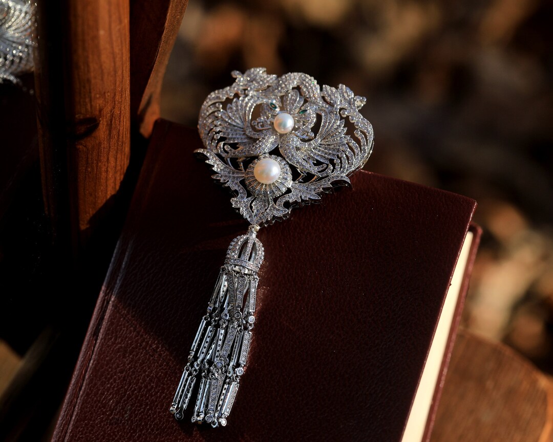 Broche & Pendentif Flocon De Neige En CZ Et Perle De Culture - Vert/Bleu - Plaqué Or XZ20
