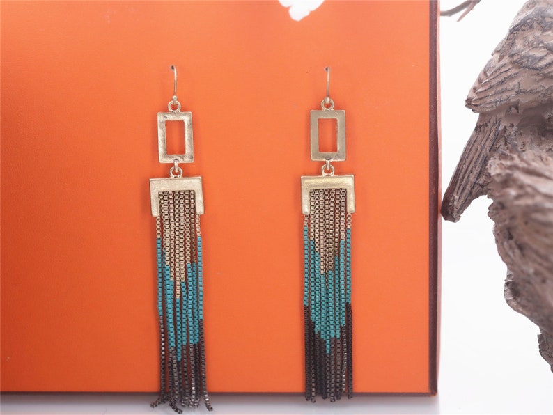 Boucles d/'oreilles Art D\u00e9co Crochet Longue Lin\u00e9aire G\u00e9om\u00e9trique Rectangle Tassel Pompon Metal Vert Noir 1920s Vintage Style 1920s Mariage