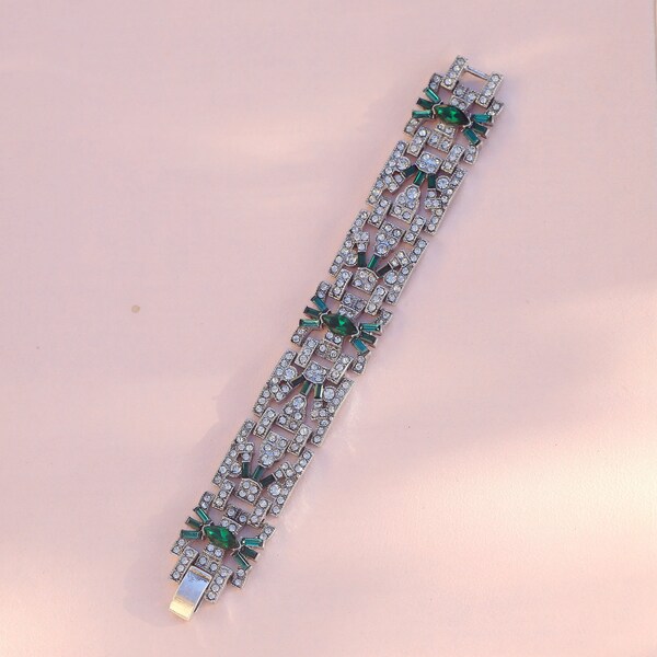 Bracelet Art Déco Argenté à Strass Blanc Et Bleu – Style Great Gatsby, Fait Main