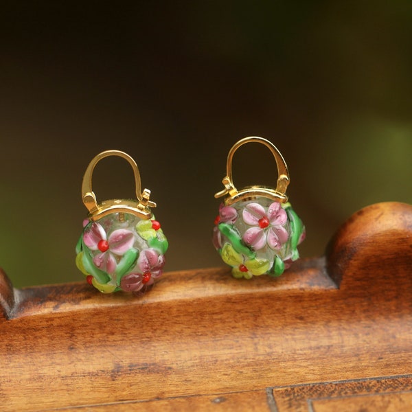 Handmade Glass Bead Leverback Earrings Murano Floral Rainbow Green Yellow Pink Wedding Vintage Style 14K Gold Plated