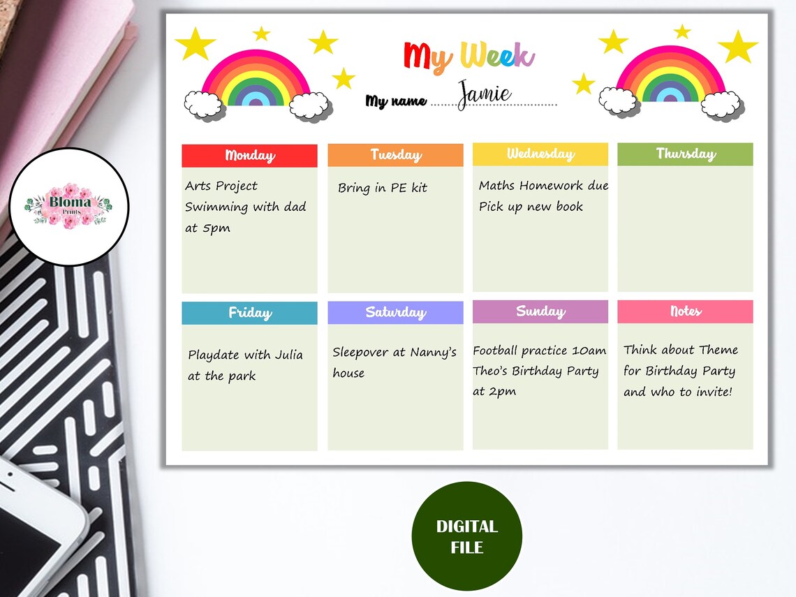 Weekly Chart Rainbow PRINTABLE Children/kids Weekly Schedule Download ...