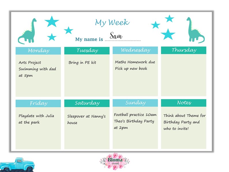 My Week Child Weekly Chart Dinosaurs PRINTABLE Children/kids Weekly Schedule Download ...