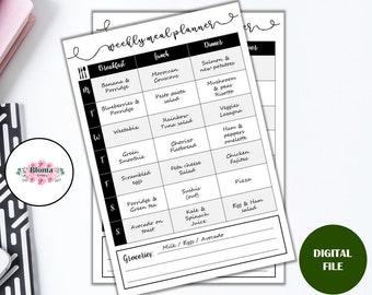 Weekly Meal Planner PRINTABLE - Menu planner digital - Meal tracker download - Family meal plan - Black and white planner - Printable menu