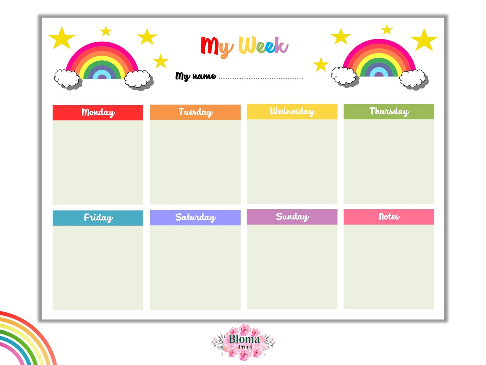 Weekly Chart Rainbow PRINTABLE Children/kids Weekly Schedule Download ...