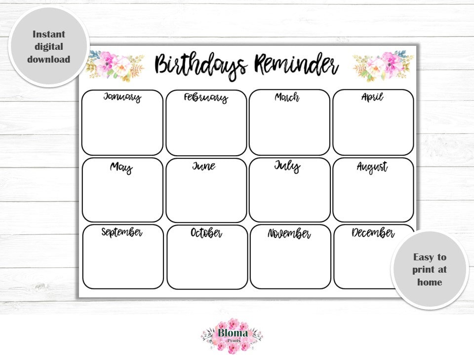 Birthdays reminder printable floral birthday reminder,birthday memo,birthday  poster,pense-bete,digital reminder,birthday calendar, flowers - etsy