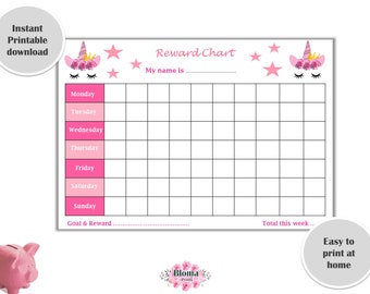 Reward Chart Unicorn PRINTABLE - Children/Kids reward chart download - Behaviour chart digital - Pink Unicorn - Girl Weekly Reward chart